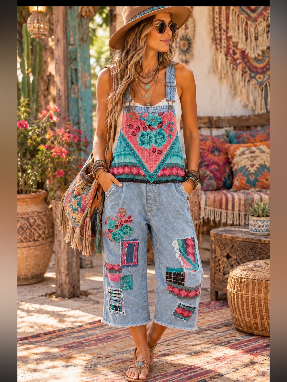 Upcycled Boho Kantha Patch Denim Overalls